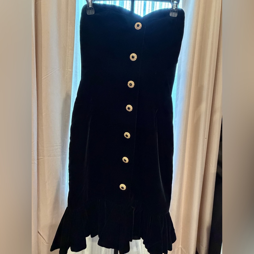 Elegant Vintage Saks Fifth Ave. Black Velvet Dress with Gold Buttons